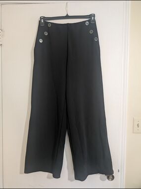 H&M High Rise Sailor Button Wide Leg Black Trousers Nautical Workwear Chic